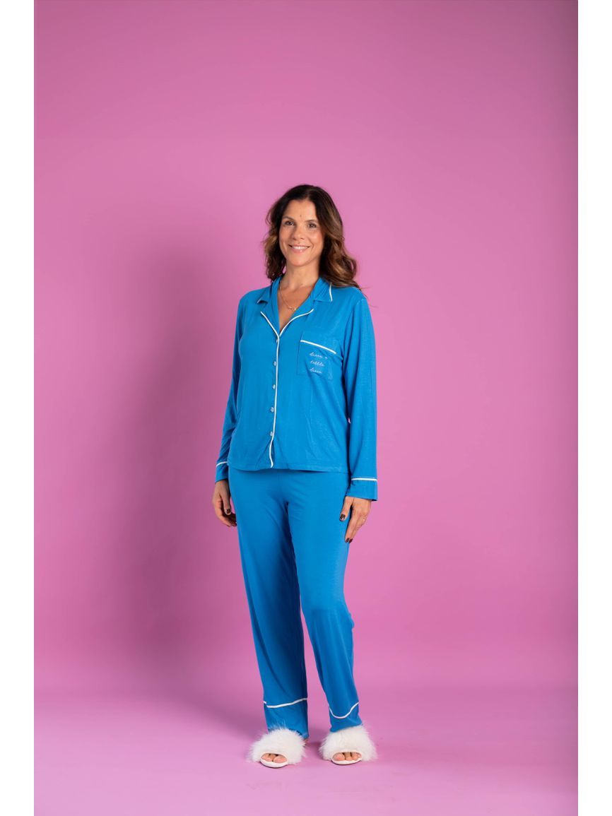 Pijama Feminino Americano Longo Viscose Azul - TUTTI AMI - Loja Oficial