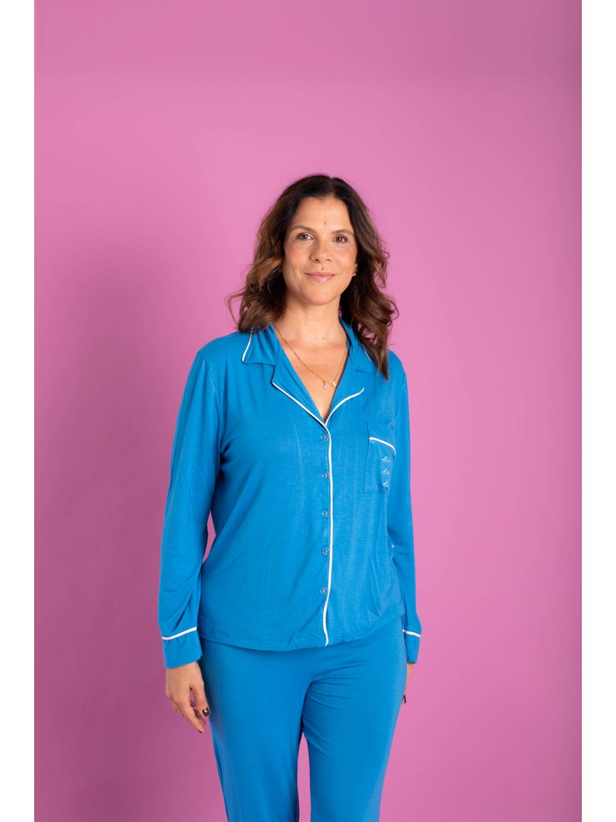 Pijama Feminino Americano Longo Viscose Azul - TUTTI AMI - Loja Oficial