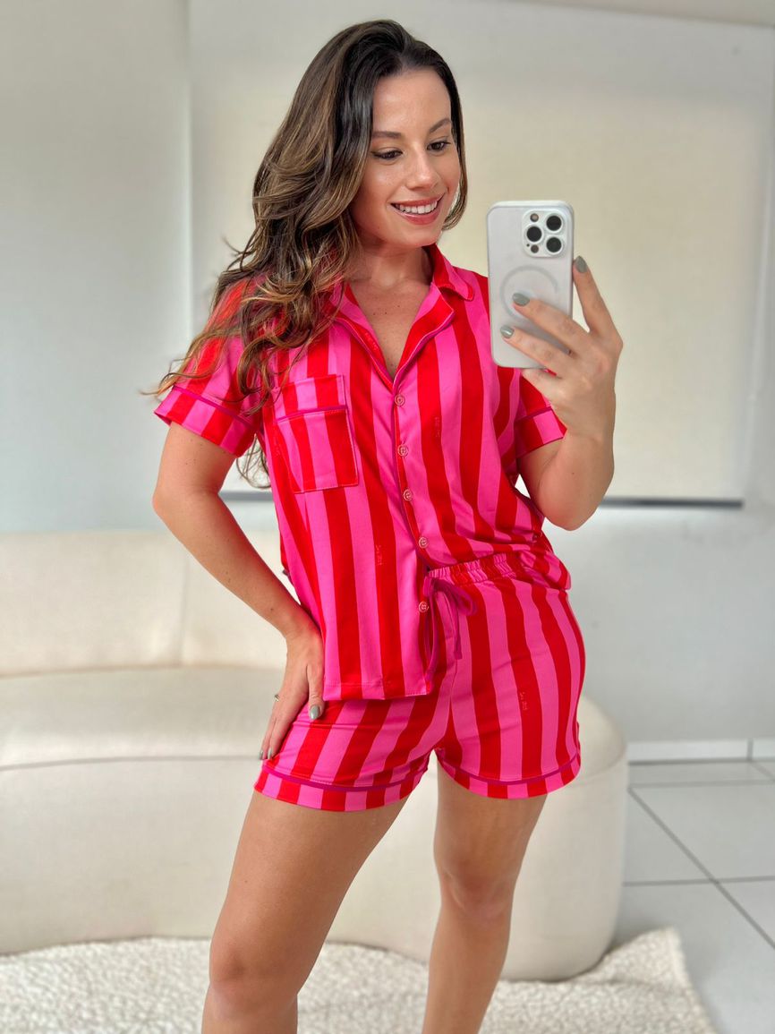 Pijama Feminino Americano Curto Listras Pink e Laranja - TUTTI AMI - Loja Oficial