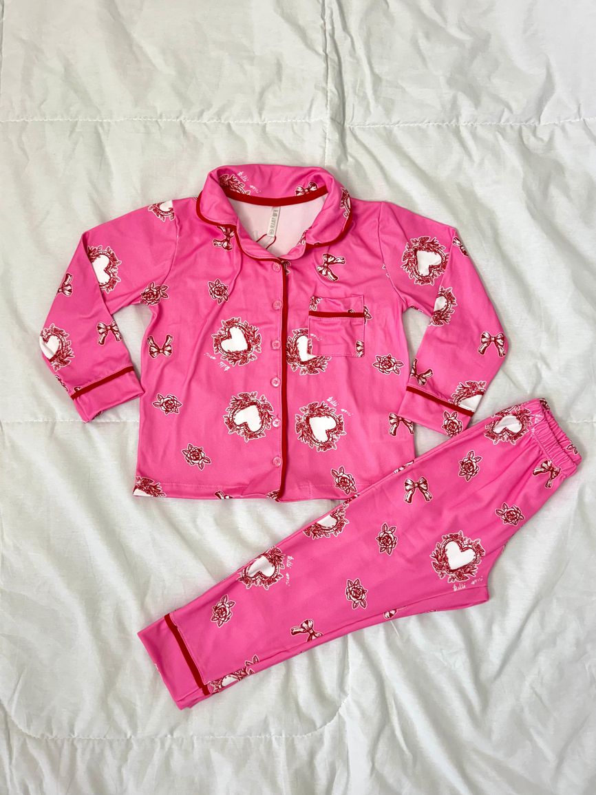 Pijama Infantil Americano Longo Rosa Corações - TUTTI AMI - Loja Oficial
