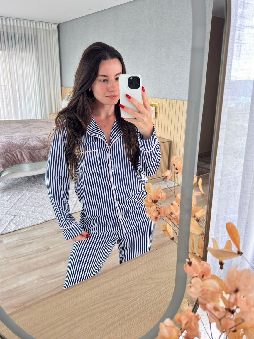 Pijama Feminino Americano Longo Listrado Azul - TUTTI AMI - Loja Oficial