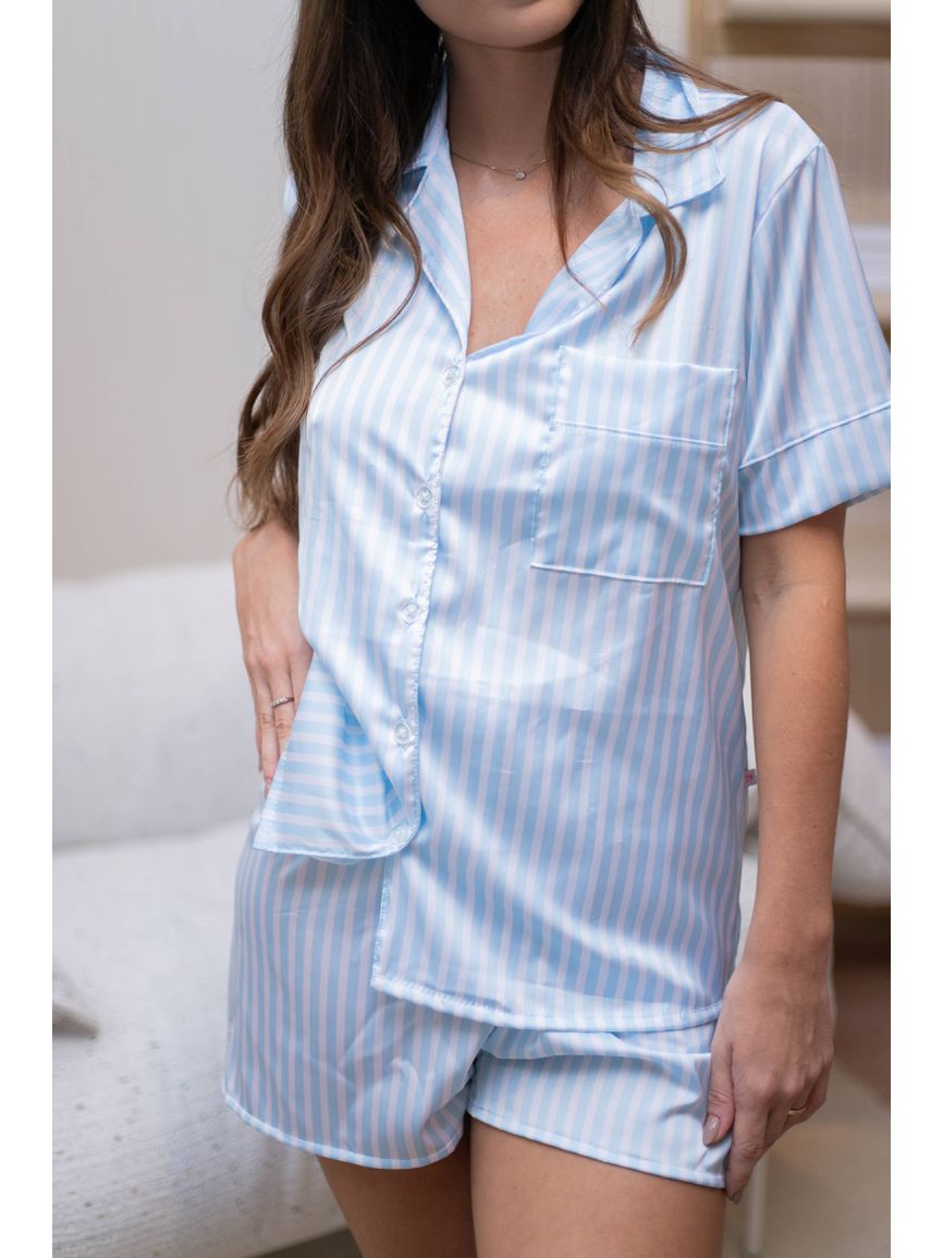 Pijama Feminino Americano Curto Cetim Listrado Azul - TUTTI AMI - Loja Oficial