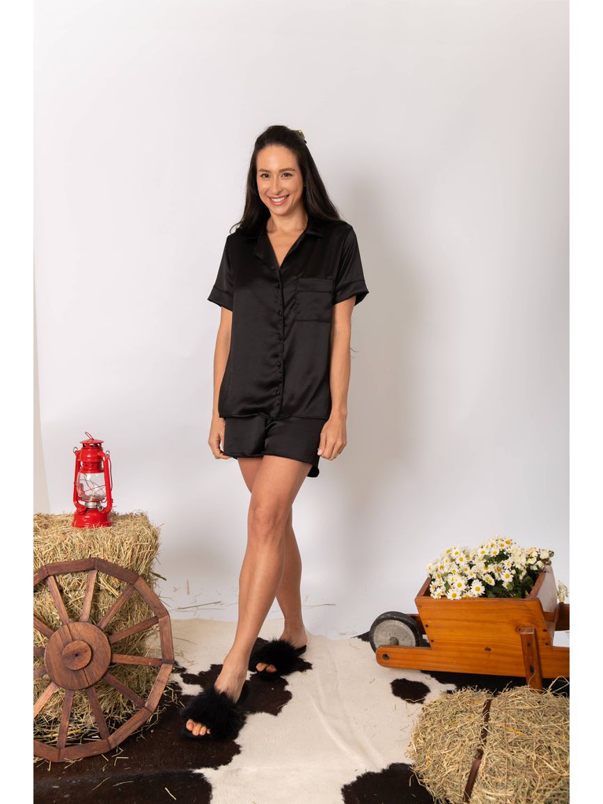 Pijama Feminino Americano Curto Preto Cetim - TUTTI AMI - Loja Oficial