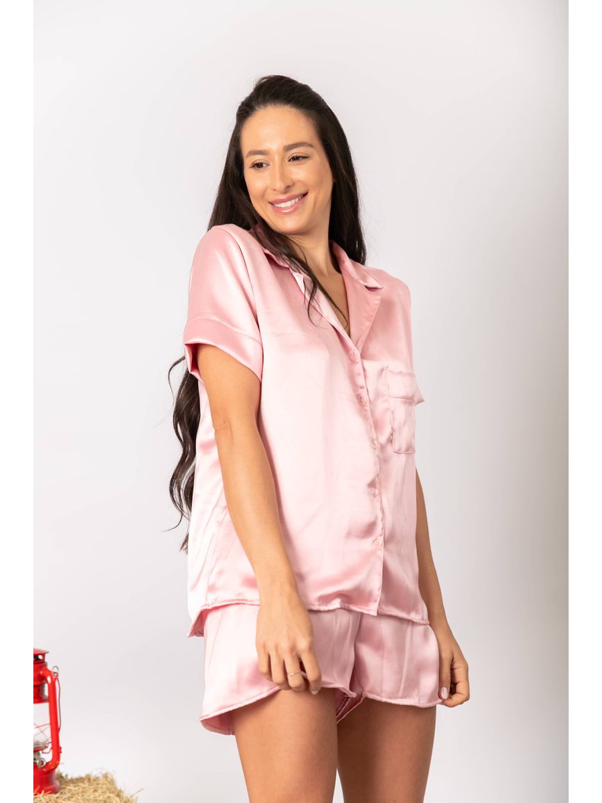 Pijama Feminino Americano Curto Cetim Rosa - TUTTI AMI - Loja Oficial