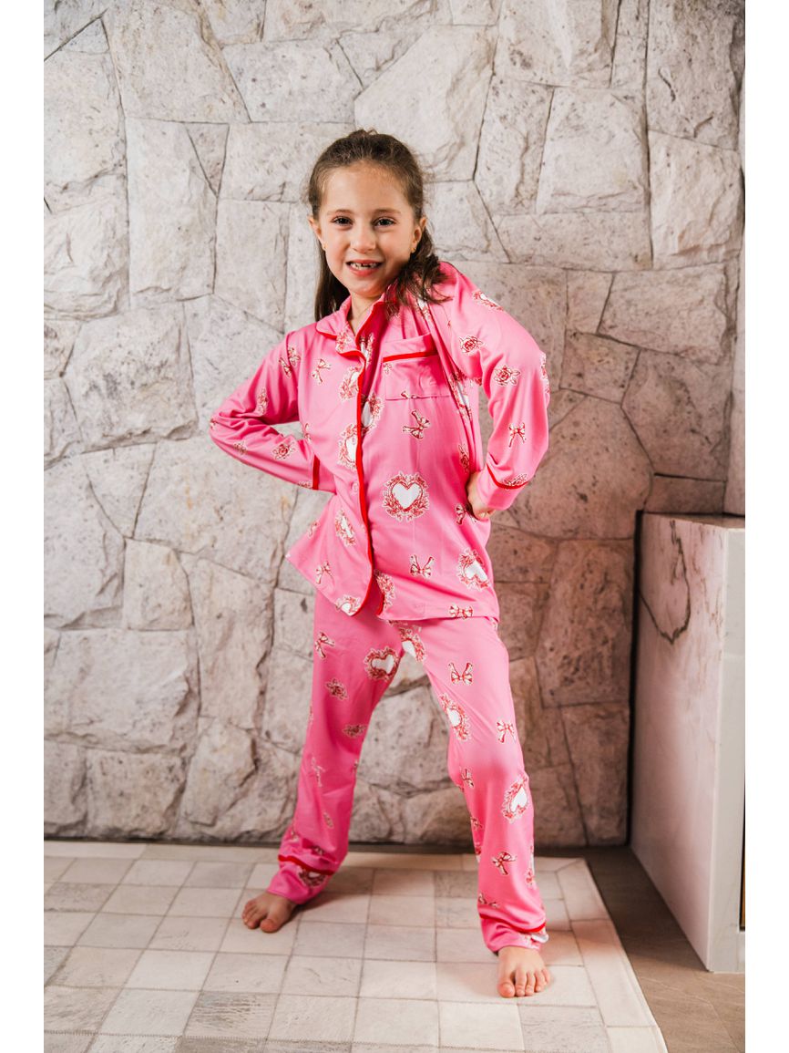 Pijama Infantil Americano Longo Rosa Corações - TUTTI AMI - Loja Oficial