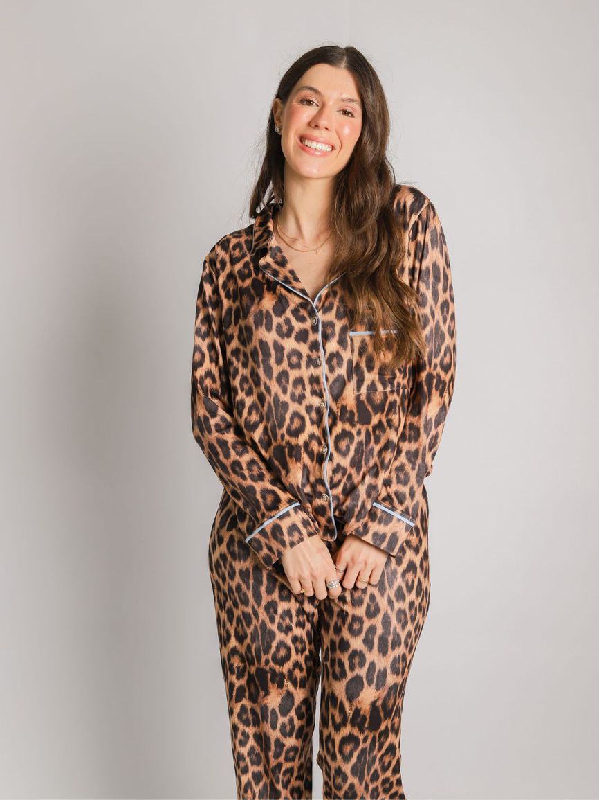 Pijama Feminino Americano Longo Onça Detalhe Azul - TUTTI AMI - Loja Oficial