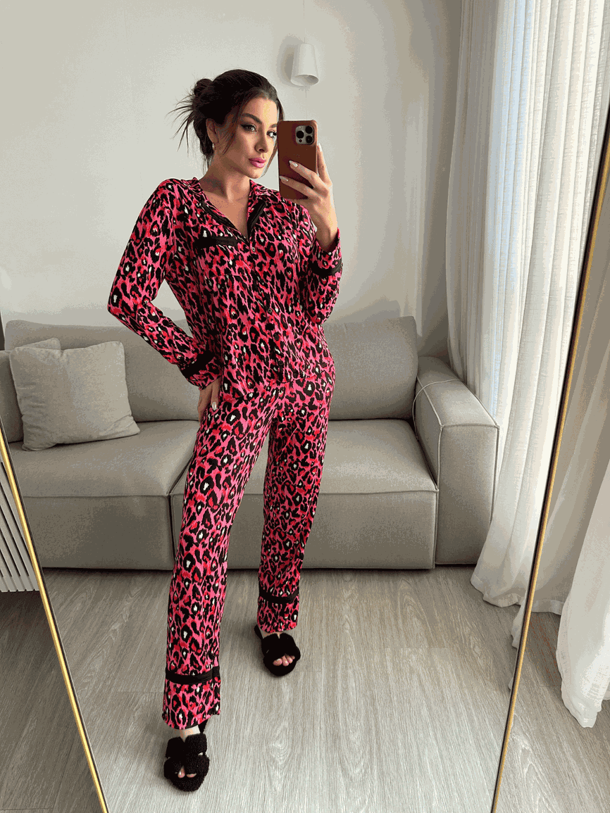 Pijama Feminino Americano Longo Rebeca Animal Print Pink - TUTTI AMI