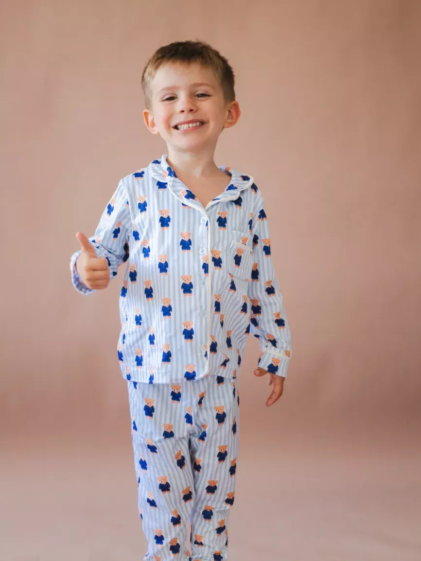 Pijama Infantil Americano Longo Urso Listras Azul - TUTTI AMI - Loja Oficial