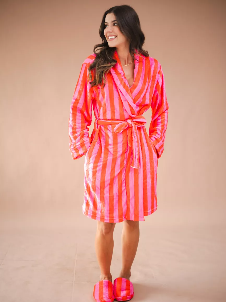 Roupão Ema Listras Pink e Laranja em Fleece - TUTTI AMI - Loja Oficial