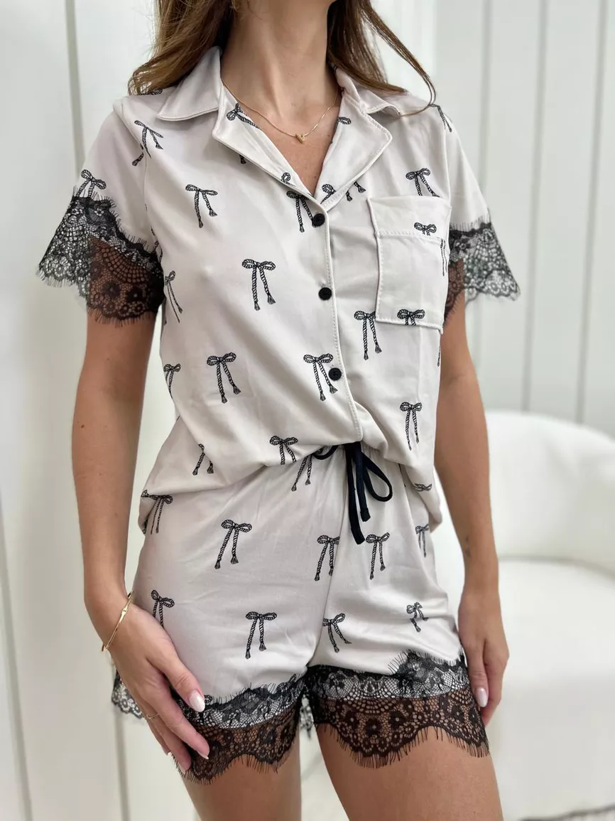 Pijama Feminino Americano Curto Laços Com Renda - TUTTI AMI - Loja Oficial