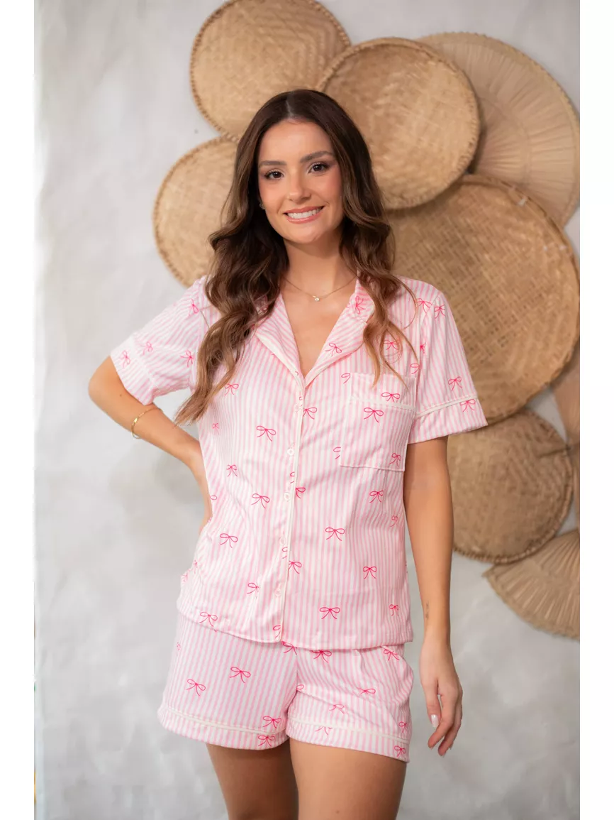 Pijama Feminino Americano Curto Laços Rosa