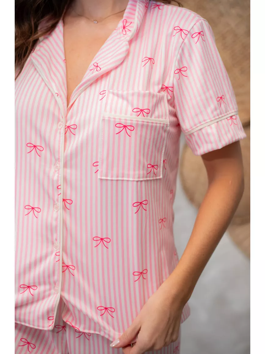 Pijama Feminino Americano Curto Laços Rosa - TUTTI AMI - Loja Oficial