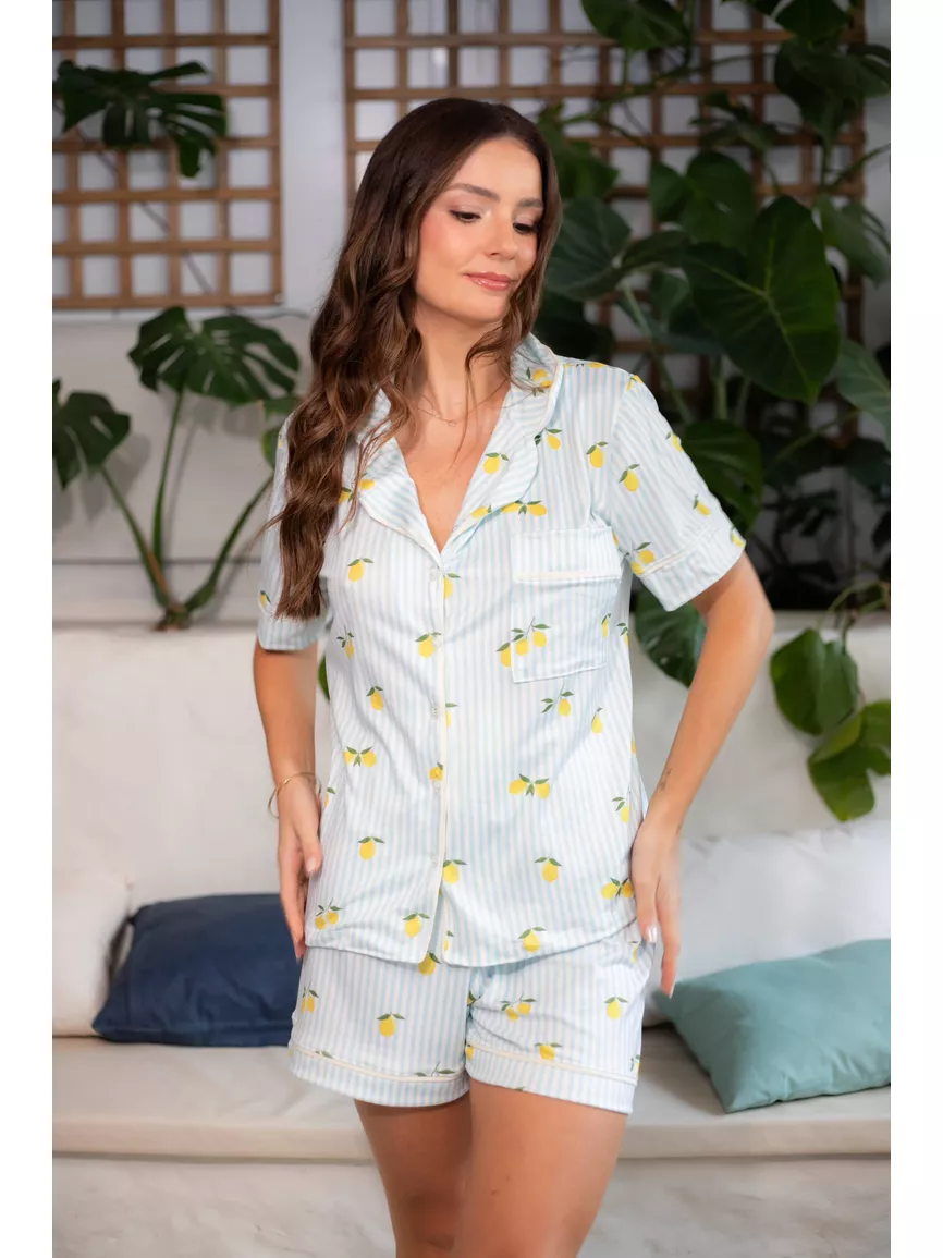 Pijama Feminino Americano Curto Listrado Limão - TUTTI AMI - Loja Oficial