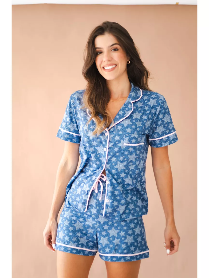 Pijama Feminino Americano Curto Agda Stars - TUTTI AMI - Loja Oficial