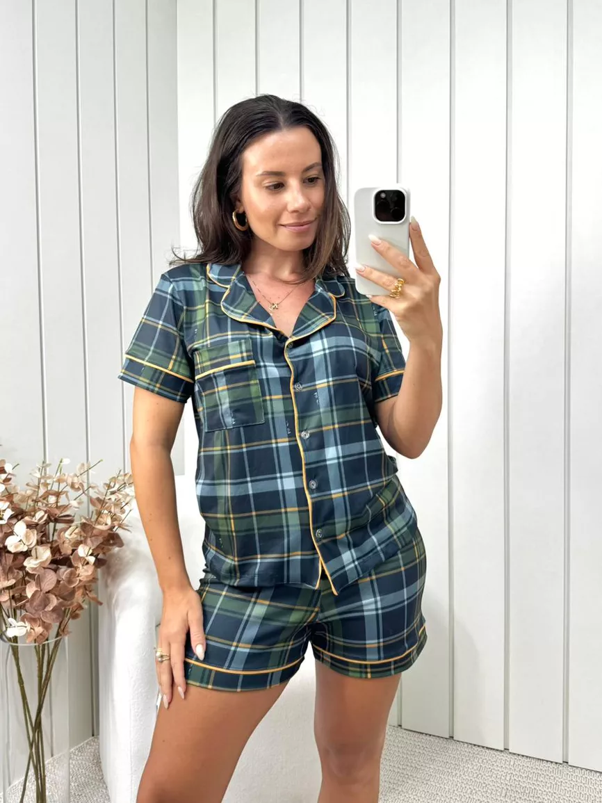Pijama Feminino Americano Curto Xadrez Verde