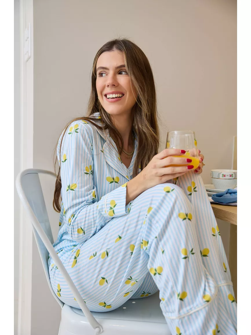 Pijama Feminino Americano Longo Listrado Limão