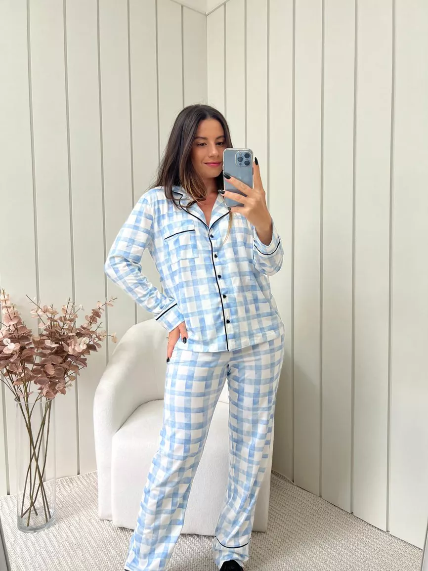 Pijama Feminino Americano Longo Xadrez Azul