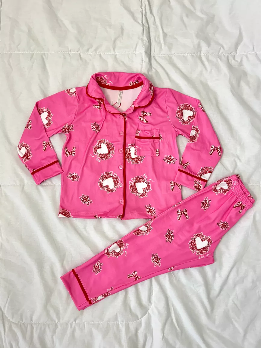 Pijama Infantil Americano Longo Rosa Corações - TUTTI AMI - Loja Oficial