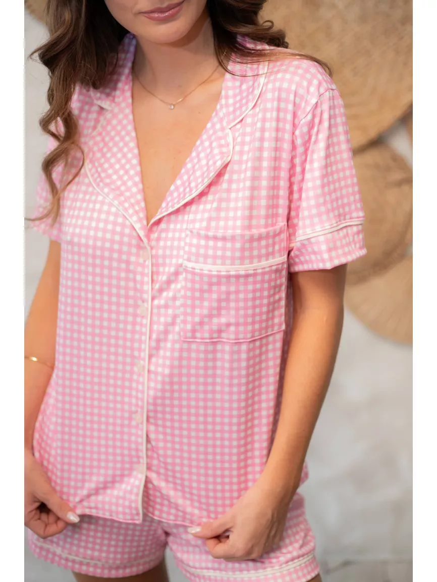 Pijama Feminino Americano Curto Xadrez Branco e Rosa - TUTTI AMI - Loja Oficial