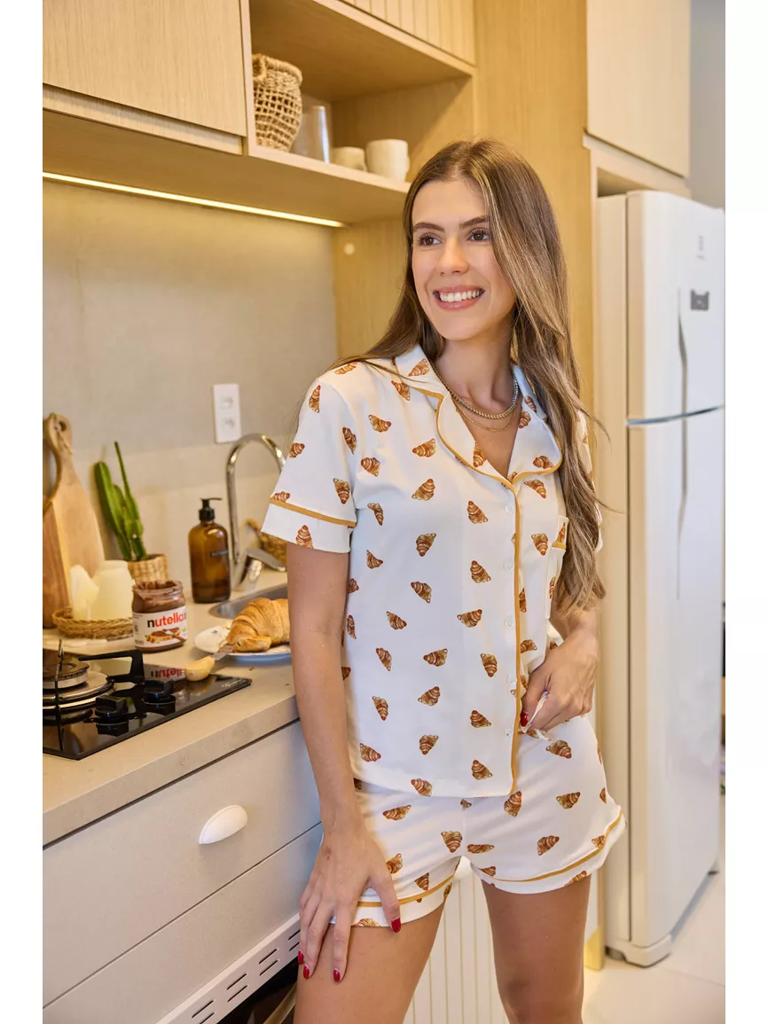 Pijama Feminino Americano Curto Croissant Branco