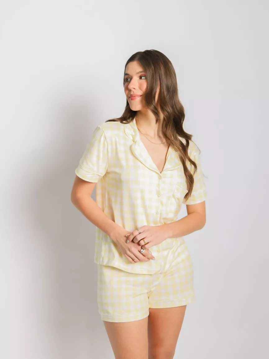 Pijama Feminino Americano Curto Vichy Amarelo - TUTTI AMI - Loja Oficial