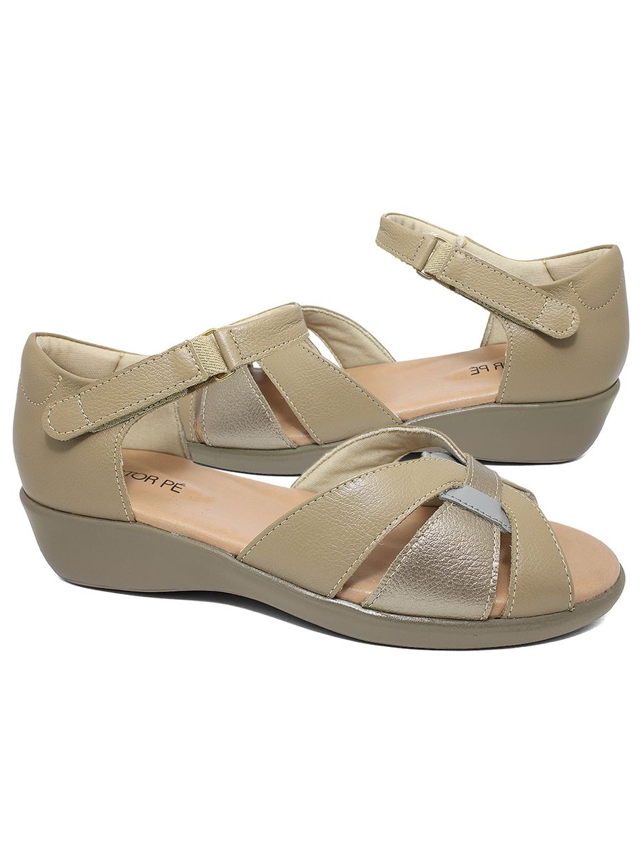 Sandália Comfort Esporão em Couro Legítimo - 190003 - Light Tan / Cinza / Ouro Velho LIGHT TAN/CINZA/OURO VELHO