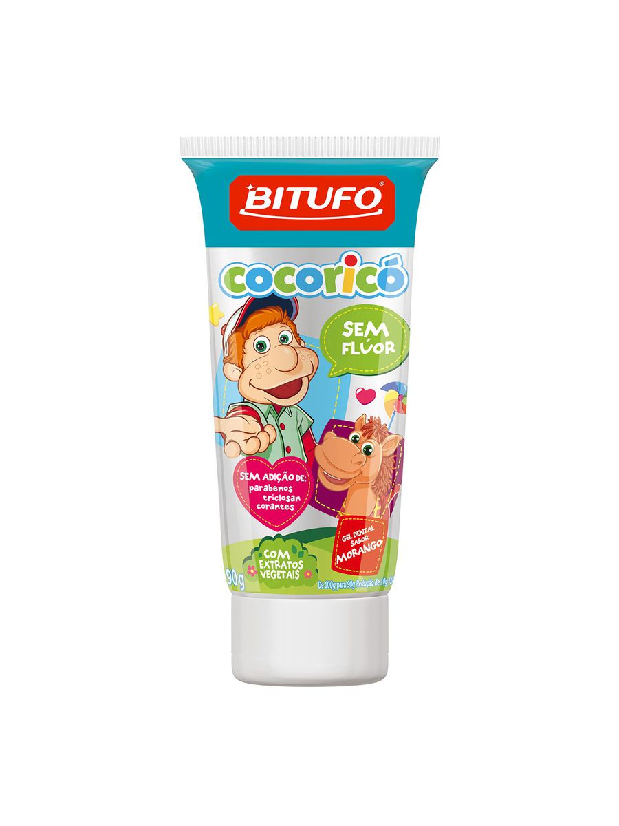 Bitufo Gel Dental Cocoricó Sem Flúor Sabor Morango 90g