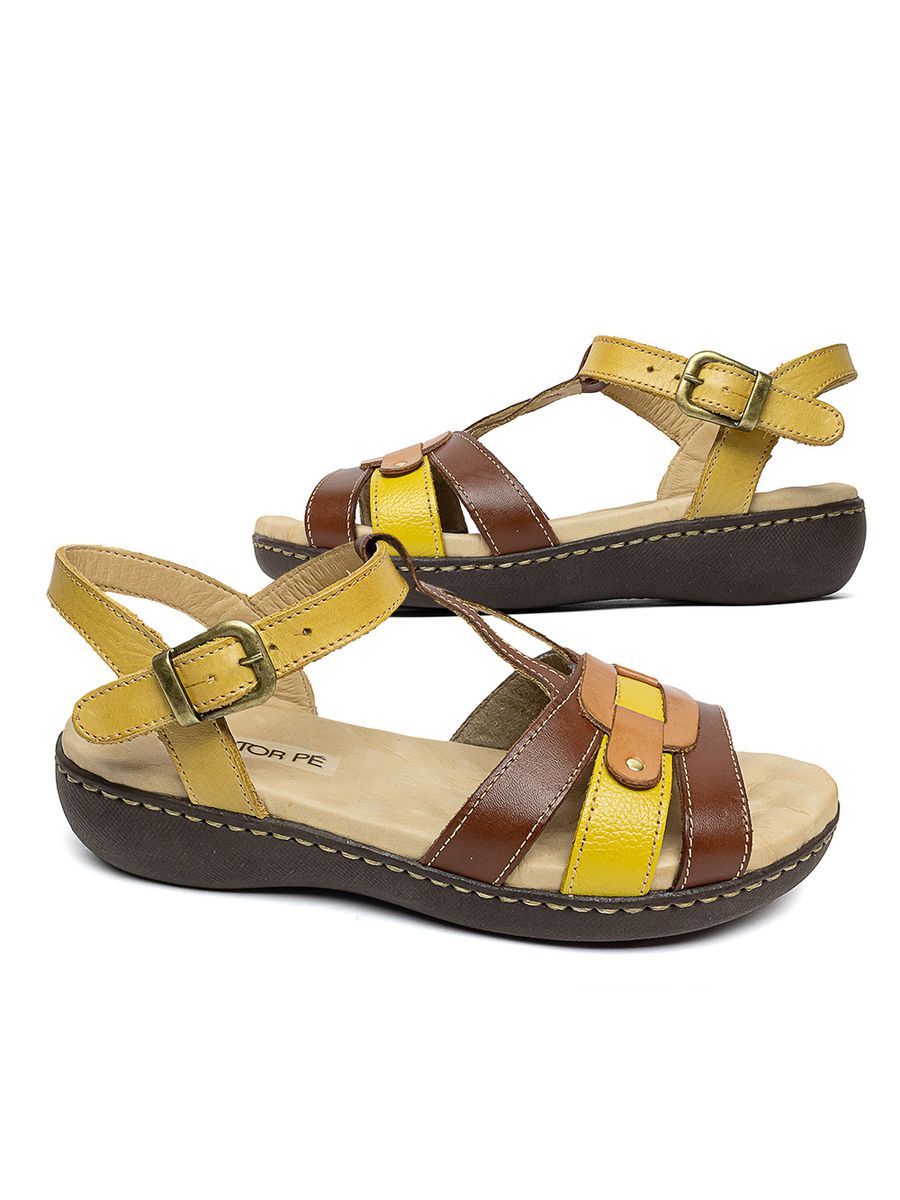 Sandália Anatômica Super Confortável em Couro LegÍtimo - 234 - Amarelo / Castor / Laranja AMARELO/CASTOR/LARANJA