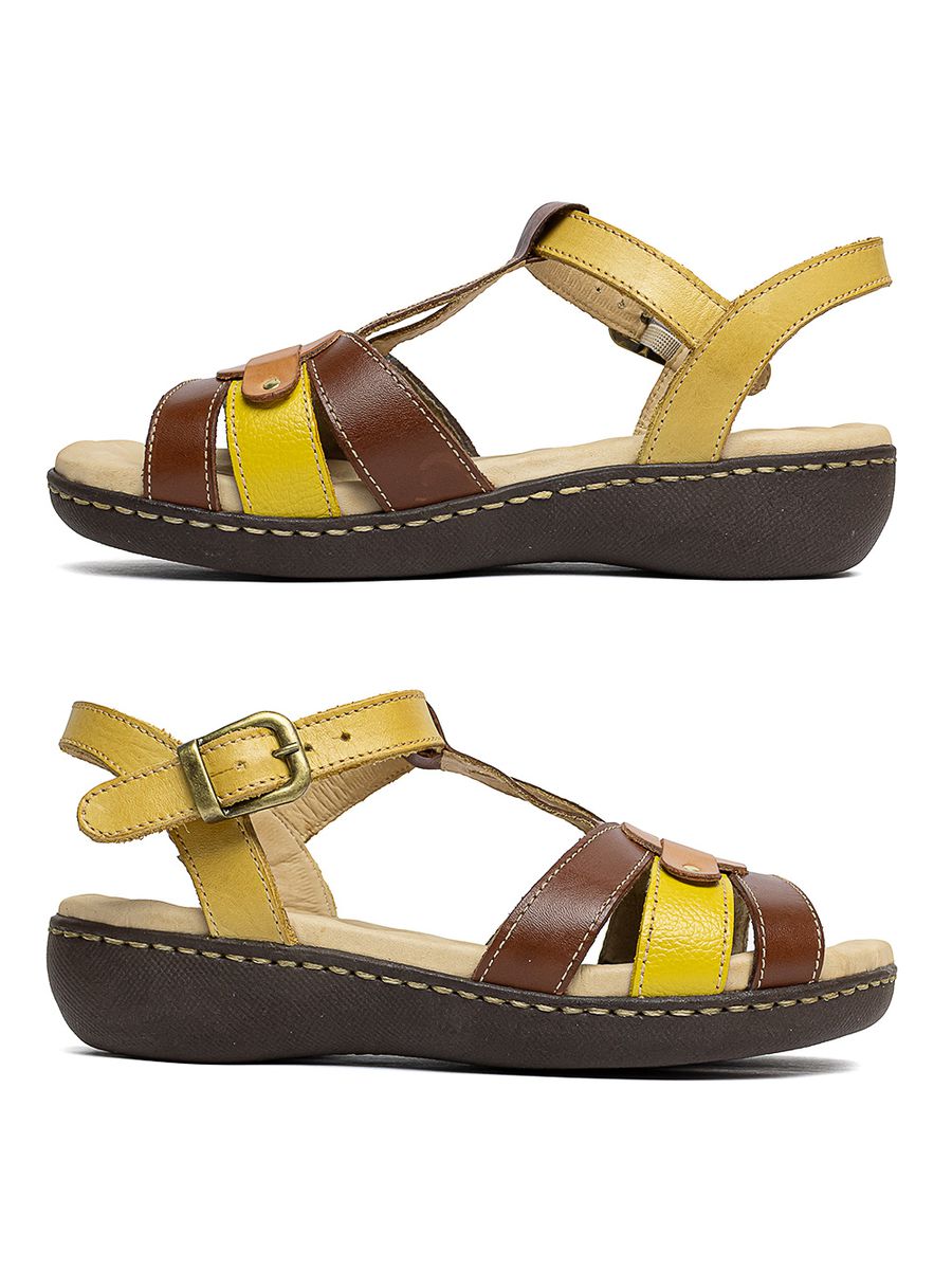 Sandália Anatômica Super Confortável em Couro LegÍtimo - 234 - Amarelo / Castor / Laranja AMARELO/CASTOR/LARANJA