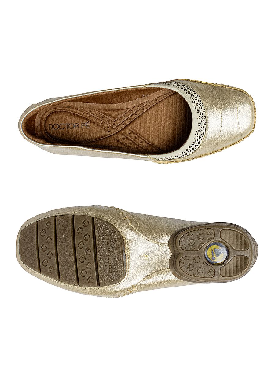 SAPATILHA CONFORTÁVEL EM COURO LEGÍTIMO DOCTOR PÉ 22090 OURO VELHO/OFF WHITE/DOURADO