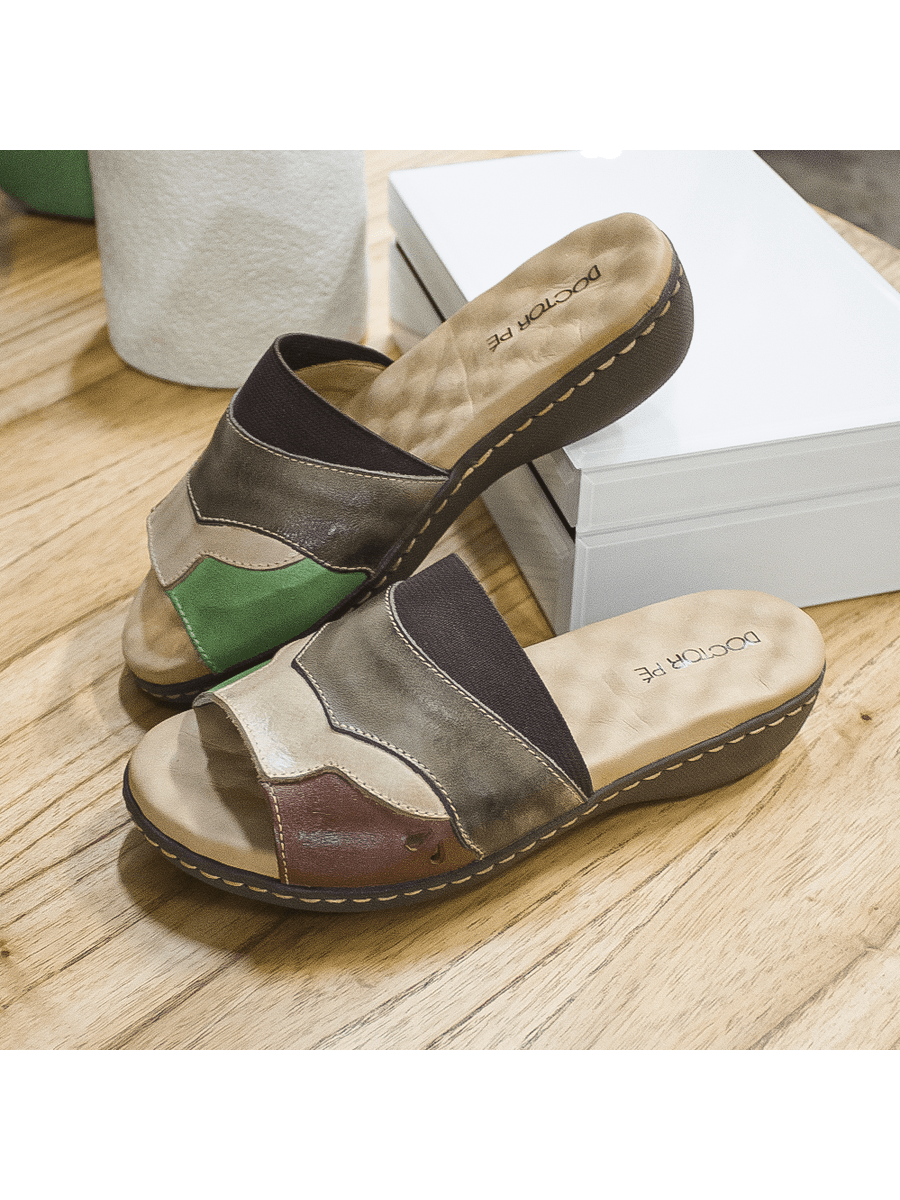 Tamanco Feminino Anatômico em Couro Legítimo - 221 - Cinza / Off White / Castor / Pistache CINZA/OFFW/CASTOR/PISTAC