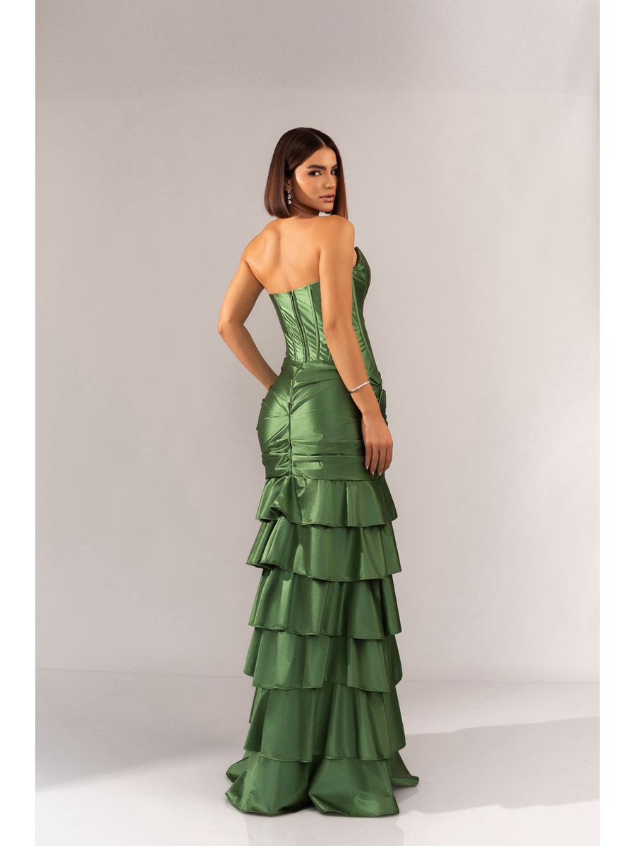 Vestido Longo Com Fenda E Babados – Sofisticação E Charme Para Ocasiões Especiais! Verde Oliva