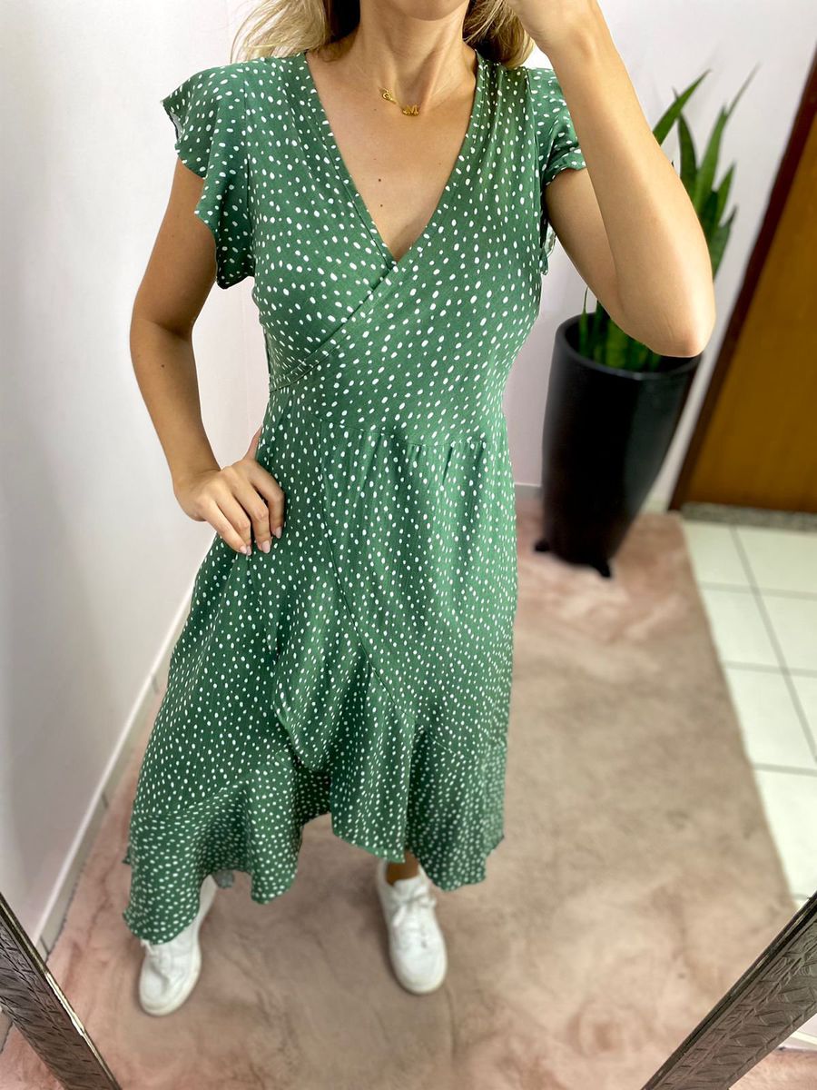 VESTIDO MIDI ENVELOPE MANGA CURTA POA VERDE