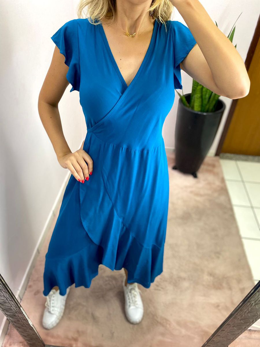 VESTIDO MIDI ENVELOPE MANGA CURTA AZUL