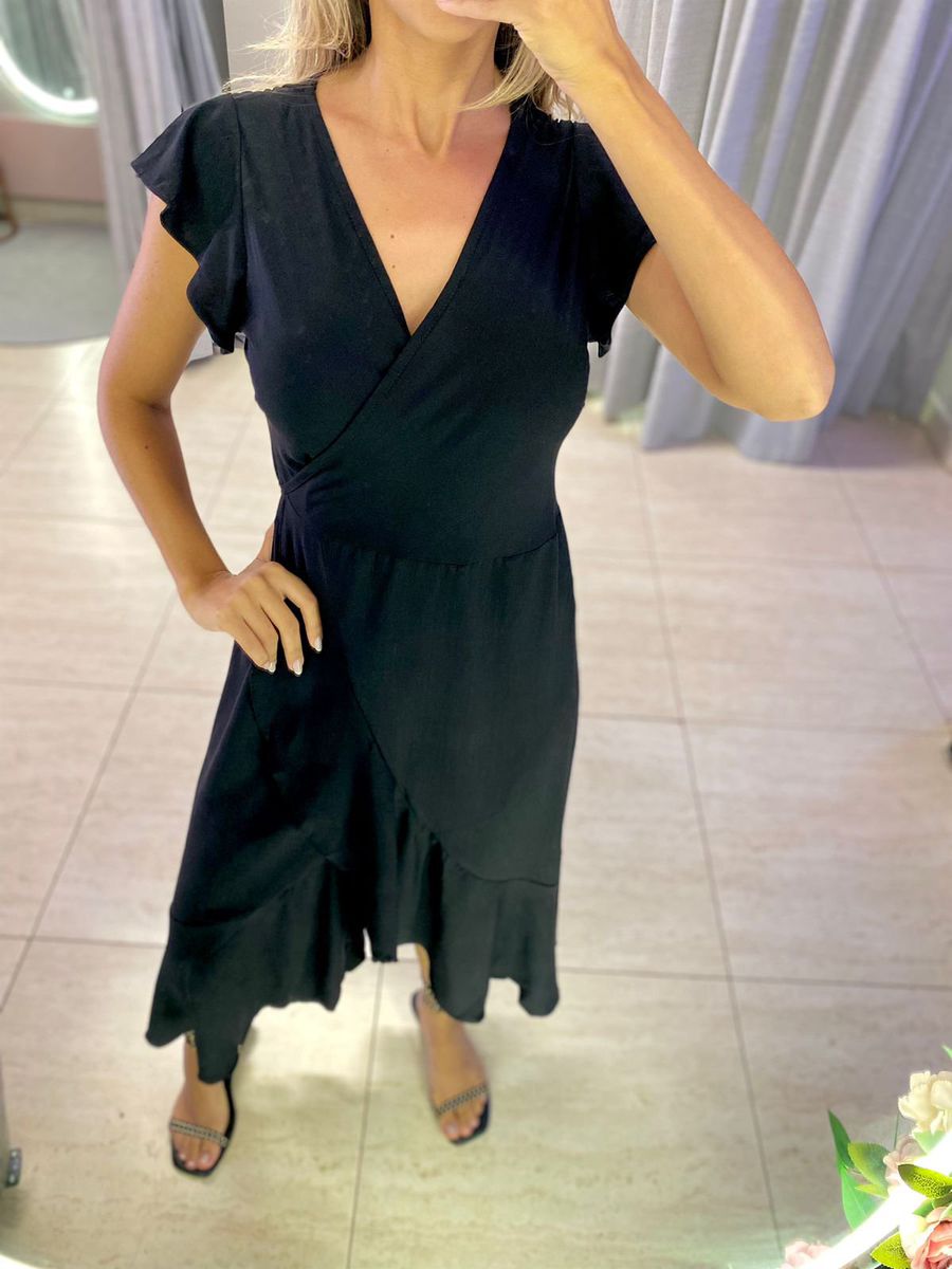VESTIDO MIDI ENVELOPE MANGA CURTA PRETO LISO