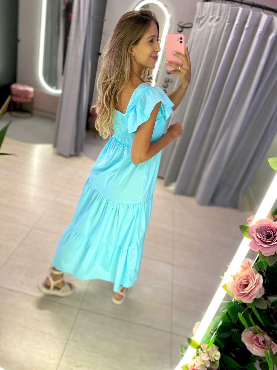 VESTIDO TRICOLINE BABADOS AZUL CLARO