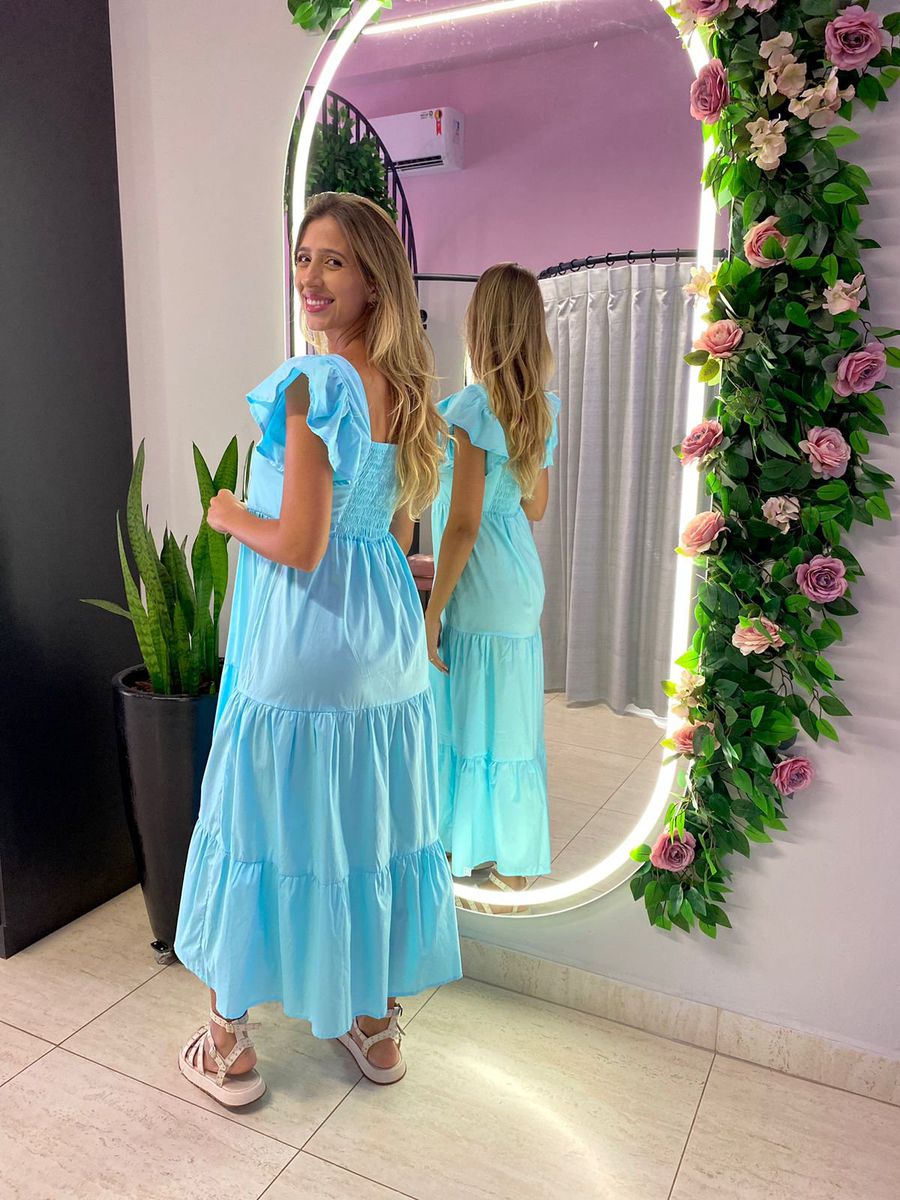 VESTIDO TRICOLINE BABADOS AZUL CLARO