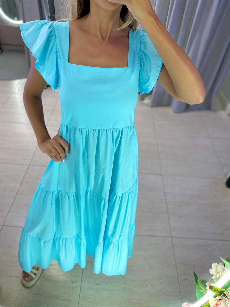 VESTIDO TRICOLINE BABADOS AZUL CLARO