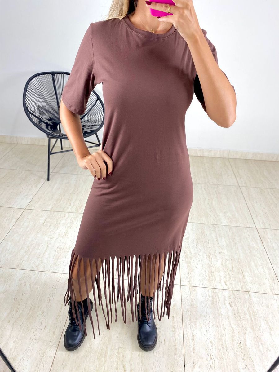 VESTIDO ALGODÃO FRANJAS MARROM