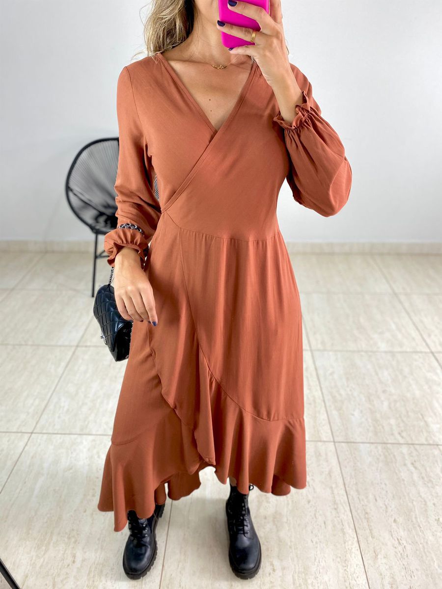 VESTIDO MIDI ENVELOPE MANGA LONGA CARAMELO