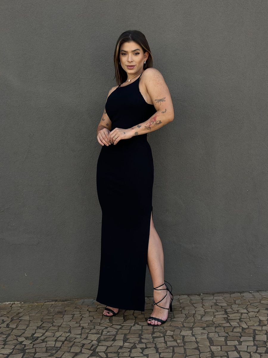 Vestido Longo Alças Finas Costas Nua PRETO