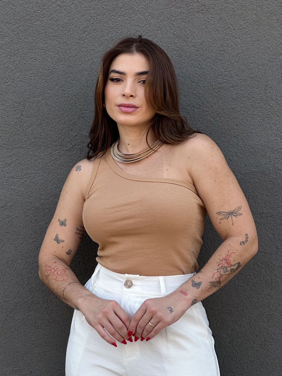 Blusa Nula Manga em Malha Ribana BEGE ESCURO