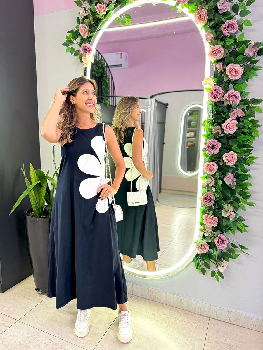 VESTIDO MIDI FLOR AMARRAÇÃO PRETO