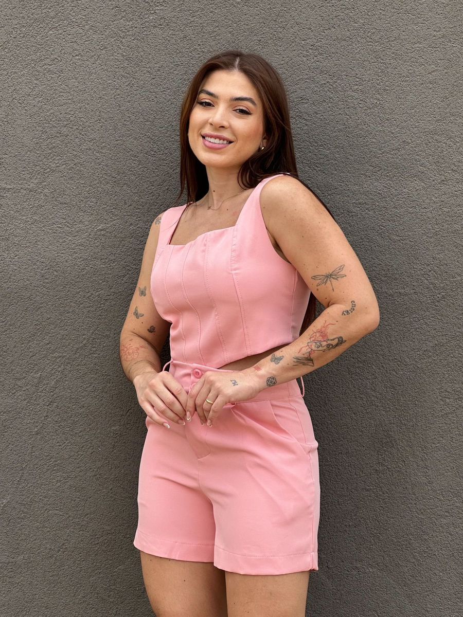 Conjunto Alfaiataria Juliana Shorts e Cropped ROSA CLARO