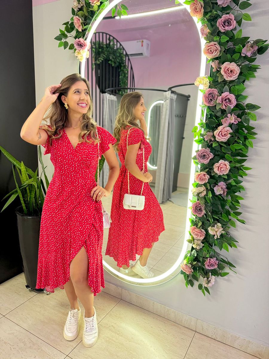 VESTIDO MIDI ENVELOPE MANGA CURTA POA VERMELHO