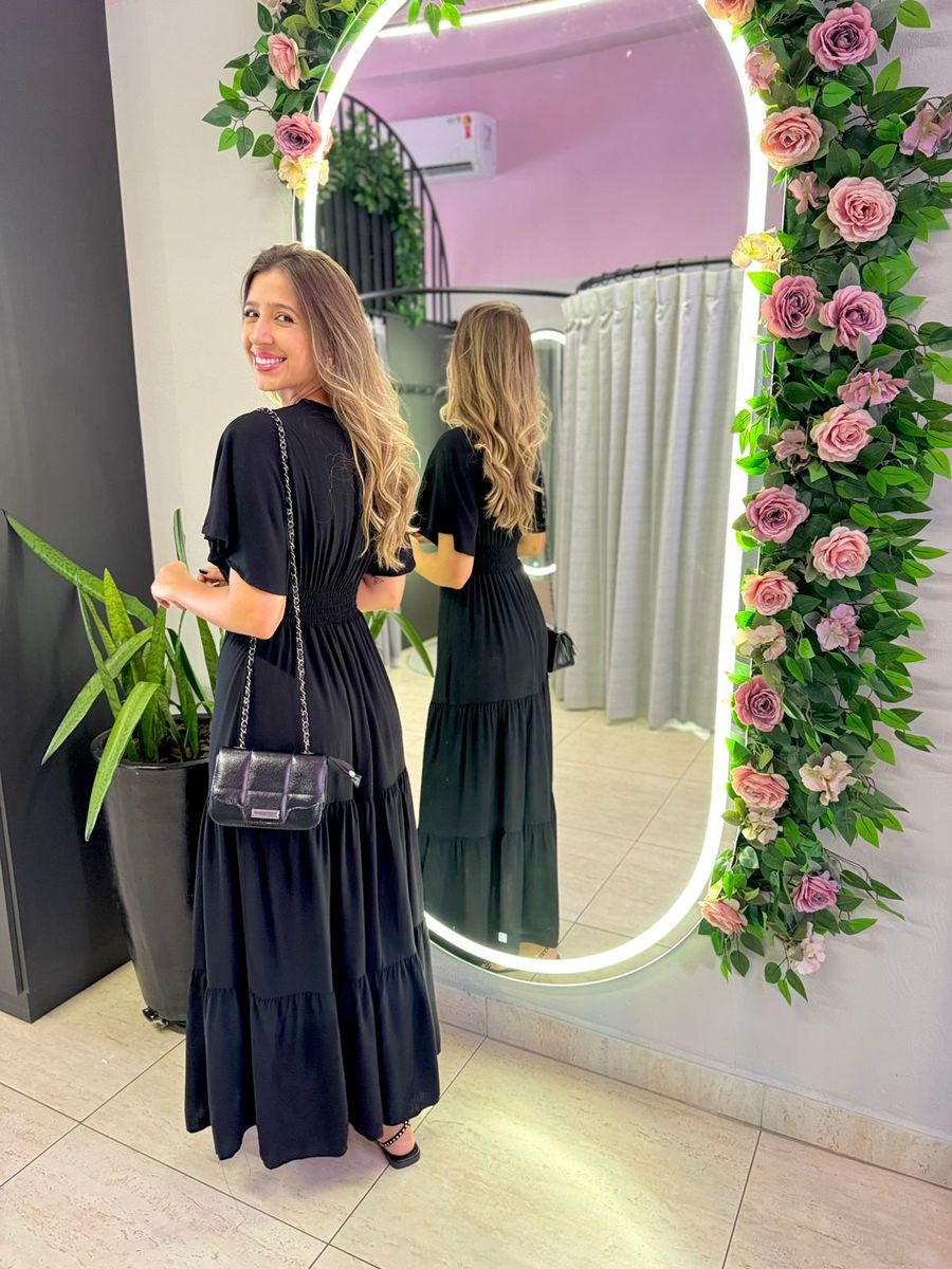 VESTIDO VALENTINA MANGA CURTA PRETO LISO