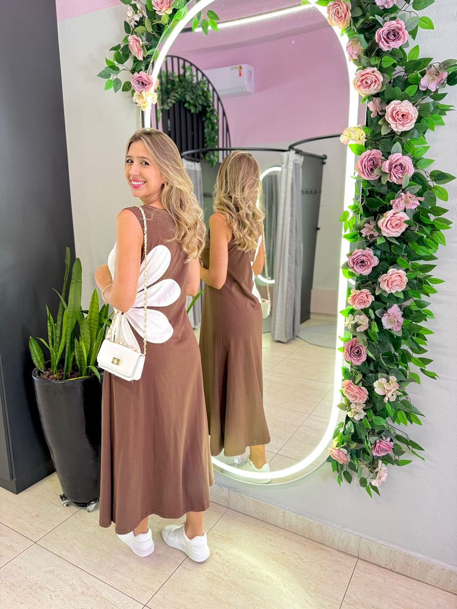 VESTIDO MIDI FLOR AMARRAÇÃO MARROM