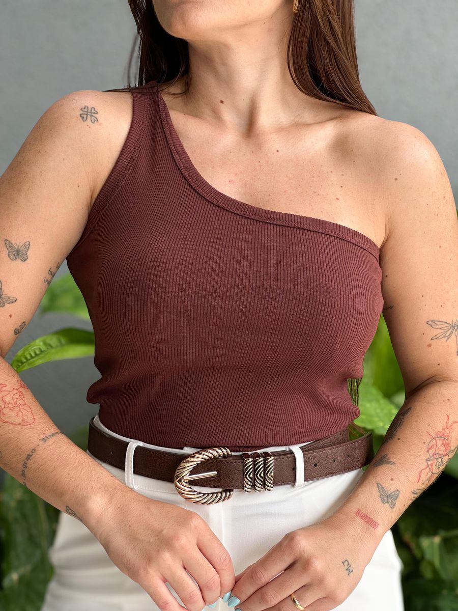 Blusa Nula Manga em Malha Ribana MARROM