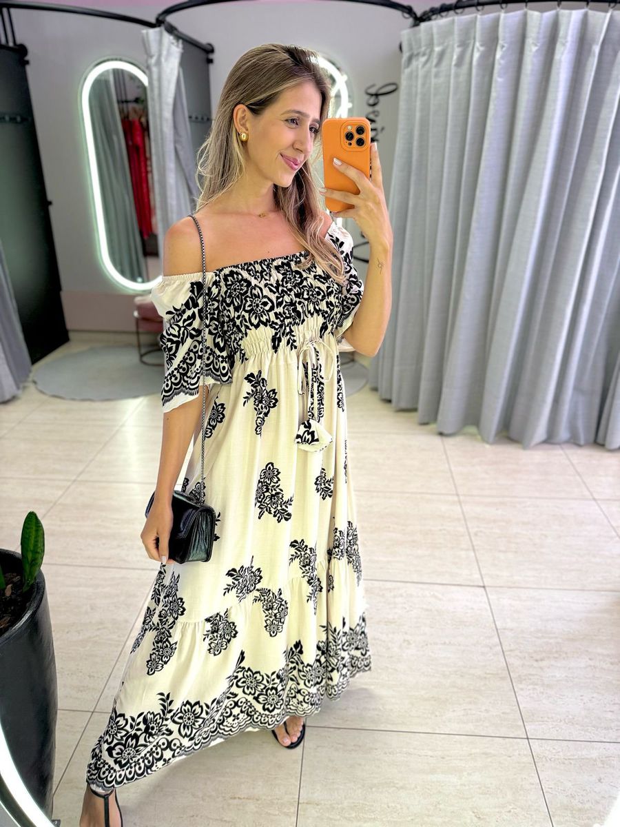 VESTIDO FERNANDA MANGA CURTA OFF/PRETO