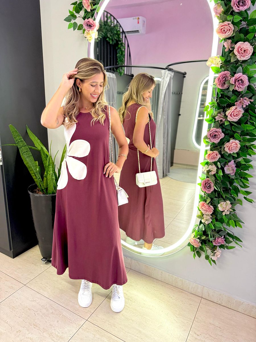 VESTIDO MIDI FLOR AMARRAÇÃO MARSALA